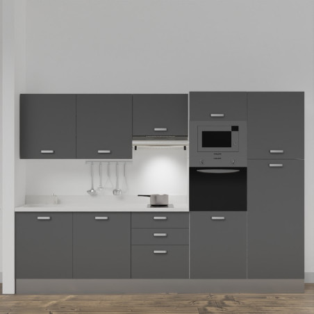 Kitchenette K46L - 300 cm - emplacements four, micro-ondes, hotte - meubles gris, planiquartz blanc - évier à gauche