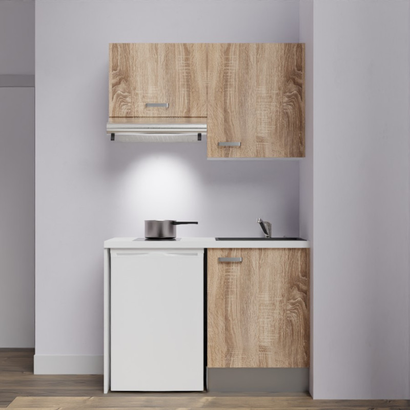 Kitchenette K01L-PT - 120 cm avec plan de travail blanc - évier noir - meubles bois Kitchenette K01L-PT - 120 cm avec plan de travail blanc - évier noir - meubles bois