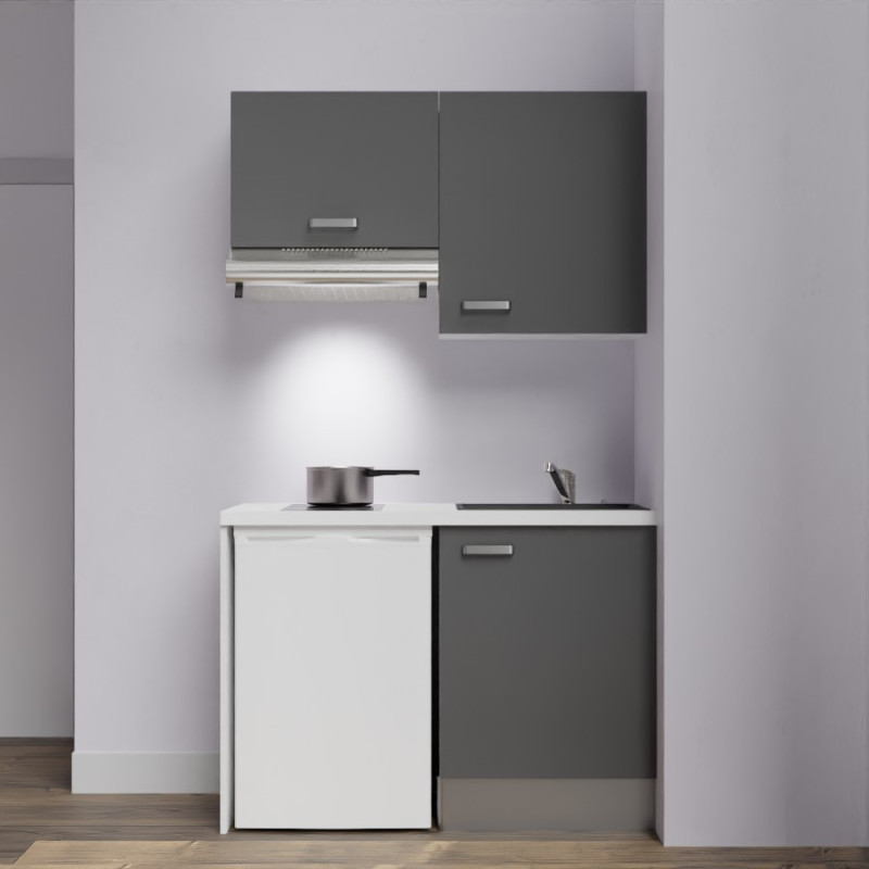 Kitchenette K01L-PT - 120 cm avec plan de travail blanc - évier noir - meubles gris Kitchenette K01L-PT - 120 cm avec plan de travail blanc - évier noir - meubles gris