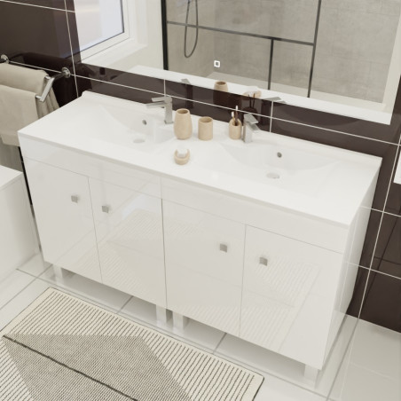 Meuble salle de bain blanc brillant sur pieds avec double vasque ECOLINE 140 cm