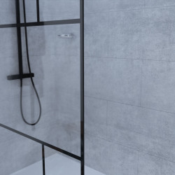 Zoom sérigraphie paroi de douche industrielle noire ATELIA 