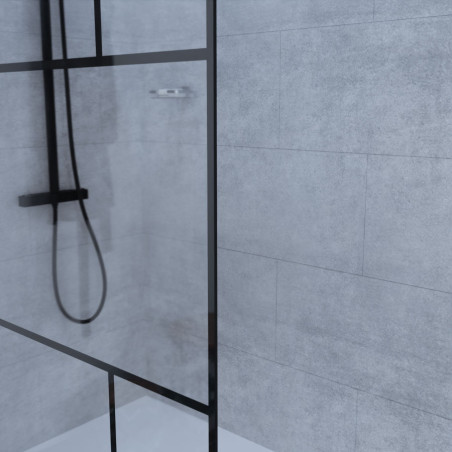 Zoom sérigraphie paroi de douche industrielle noire ATELIA 