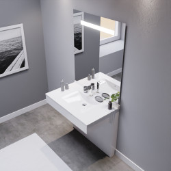 Meuble salle de bain PMR EPURE 90 cm blanc avec plan vasque et miroir led Elégance ht105