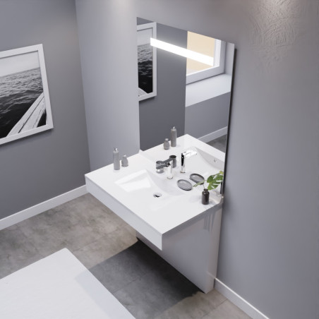 Meuble salle de bain PMR EPURE 90 cm blanc avec plan vasque et miroir led Elégance ht105