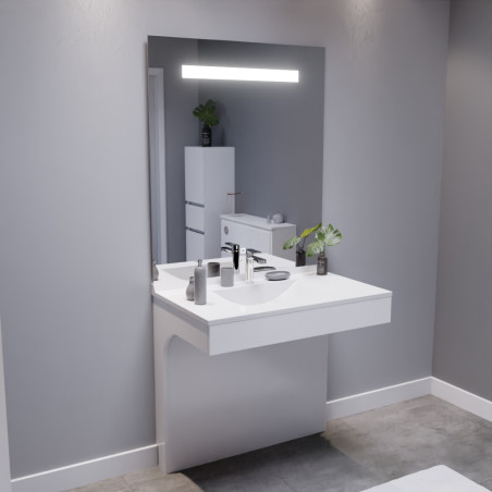 Meuble salle de bain PMR EPURE 90 cm blanc avec plan vasque et miroir led Elégance ht105