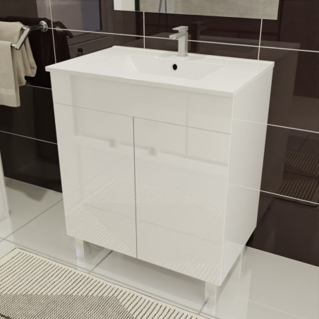 Meuble salle de bain ECOLINE 70 cm avec plan vasque en céramique - Blanc brillant