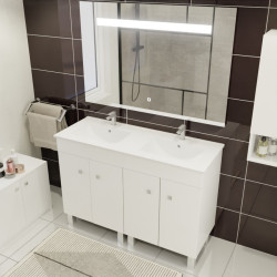 Meuble ECOLINE 120 cm avec plan double vasque en céramique et miroir LED - Blanc brillant