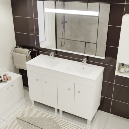 Meuble ECOLINE 120 cm avec plan double vasque en céramique et miroir LED - Blanc brillant