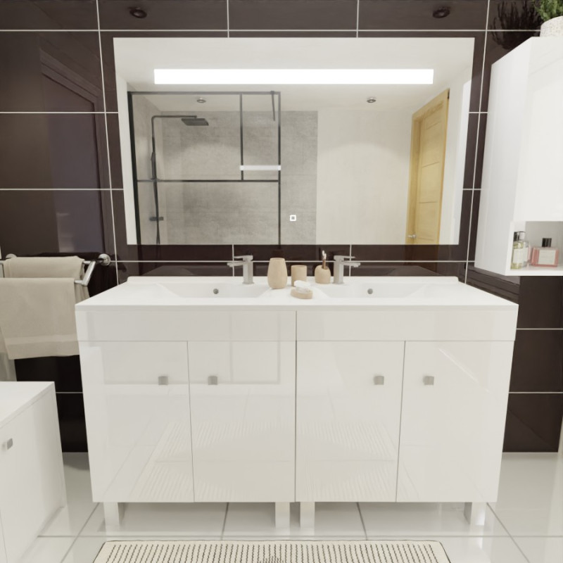 Meuble ECOLINE 140 cm avec plan vasque résine et miroir Elégance ht80- Blanc brillant Meuble ECOLINE 140 cm avec plan vasque résine et miroir Elégance ht80- Blanc brillant