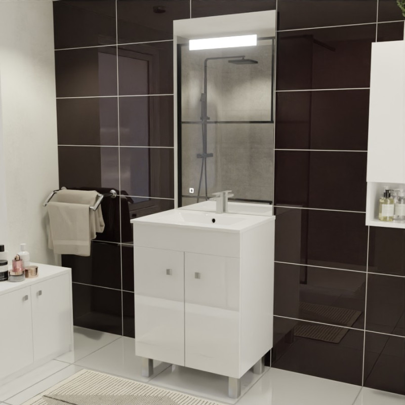 Meuble ECOLINE 60 cm avec plan vasque et miroir Elégance ht105 - Blanc brillant Meuble ECOLINE 60 cm avec plan vasque et miroir Elégance ht105 - Blanc brillant