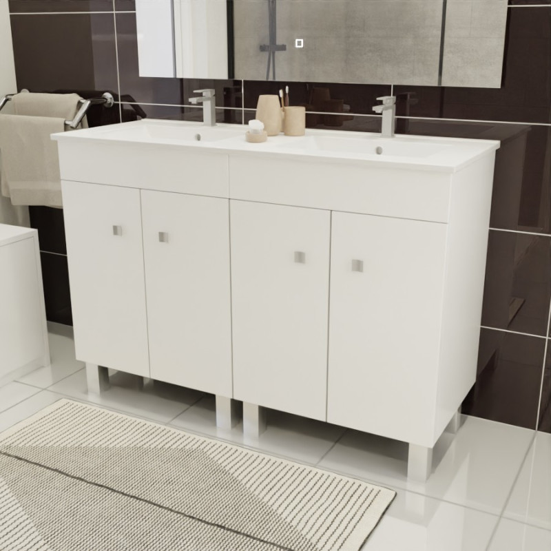 Meuble double vasque sur pieds ECOLINE 120 cm - Blanc brillant Meuble double vasque sur pieds ECOLINE 120 cm - Blanc brillant