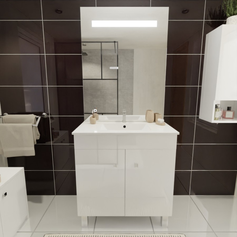 Meuble ECOLINE 80 cm avec plan vasque et miroir Elégance ht105- Blanc brillant Meuble ECOLINE 80 cm avec plan vasque et miroir Elégance ht105- Blanc brillant