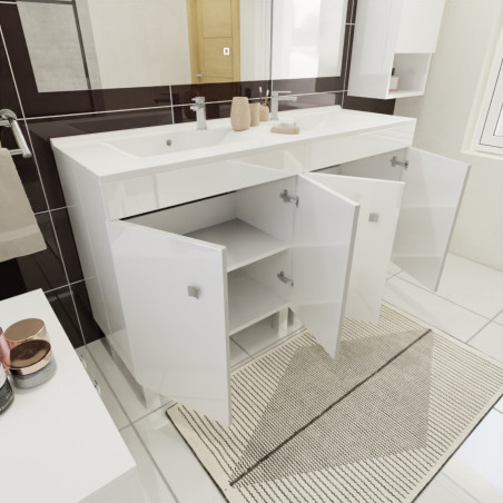 Meuble sur pieds ECOLINE 140 cm avec plan double vasque résine et miroir Elégance ht105- Blanc brillant