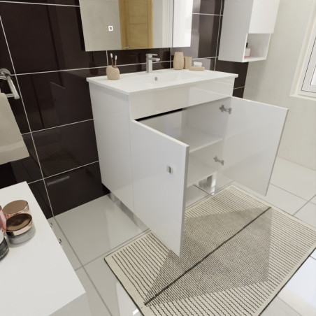 Meuble salle de bain ECOLINE 80 cm avec plan vasque en céramique - Blanc brillant