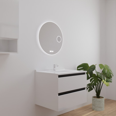 Meuble salle de bain ARLEQUIN 70 cm blanc, traverses noires, plan vasque blanc + Miroir Rondinara