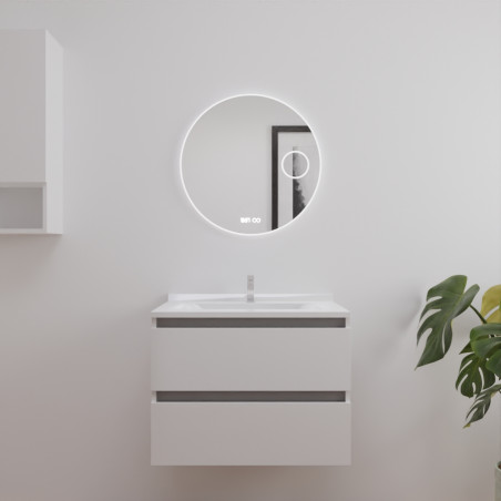 Meuble salle de bain ARLEQUIN 70 cm blanc, traverses grises, plan vasque blanc + Miroir Rondinara