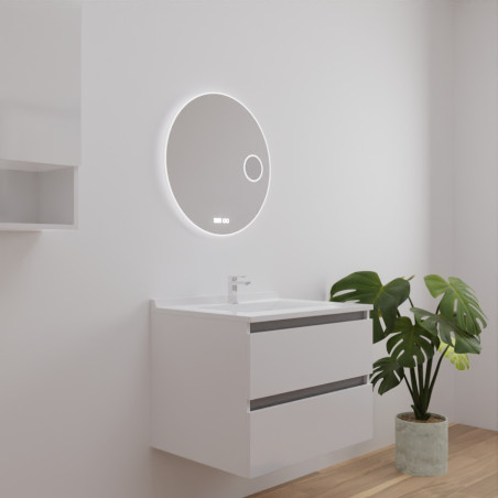 Meuble salle de bain ARLEQUIN 70 cm blanc, traverses grises, plan vasque blanc + Miroir Rondinara