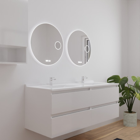 Meuble double vasque 140 cm ARLEQUIN blanc, traverses blanches, plan vasque blanc avec miroir Rondinara 