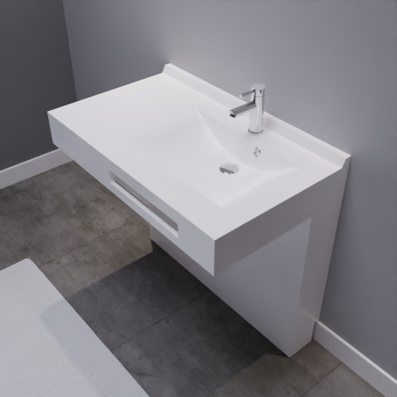 Meuble salle de bain LEA 90 cm plan vasque suspendu avec vasque déportée à droite et support cache-tuyaux Meuble salle de bain LEA 90 cm plan vasque suspendu avec vasque déportée à droite et support cache-tuyaux