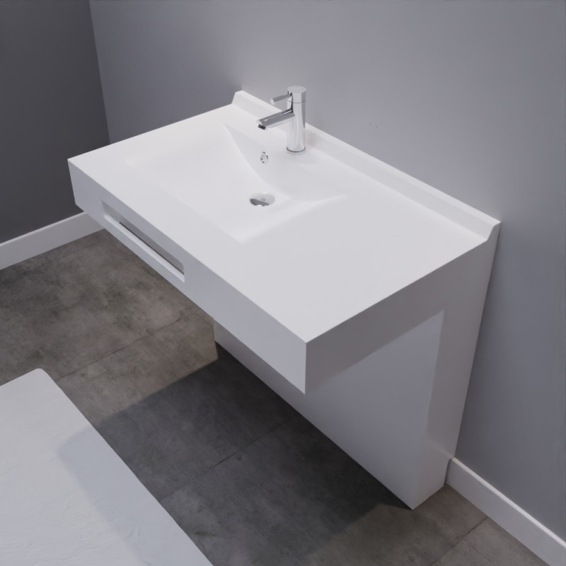 Meuble salle de bain LEA 90 cm plan vasque suspendu avec vasque déportée à gauche et support cache-tuyaux Meuble salle de bain LEA 90 cm plan vasque suspendu avec vasque déportée à gauche et support cache-tuyaux