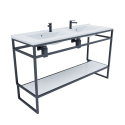 Meuble double vasque STRUCTURA 140 cm structure inox noire étagère ouverte blanche