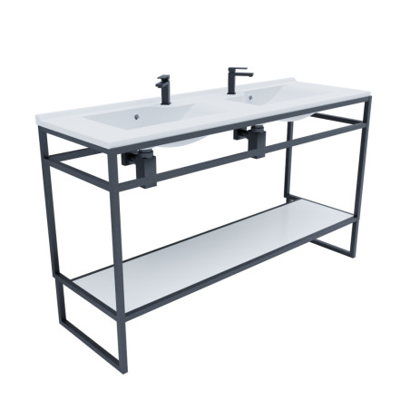 Meuble double vasque STRUCTURA 140 cm structure inox noire étagère ouverte blanche