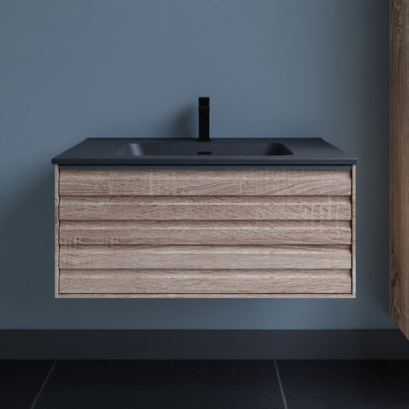 Meuble salle de bain HORIZON 80 cm - Chêne doré et plan vasque noir Meuble salle de bain HORIZON 80 cm - Chêne doré et plan vasque noir