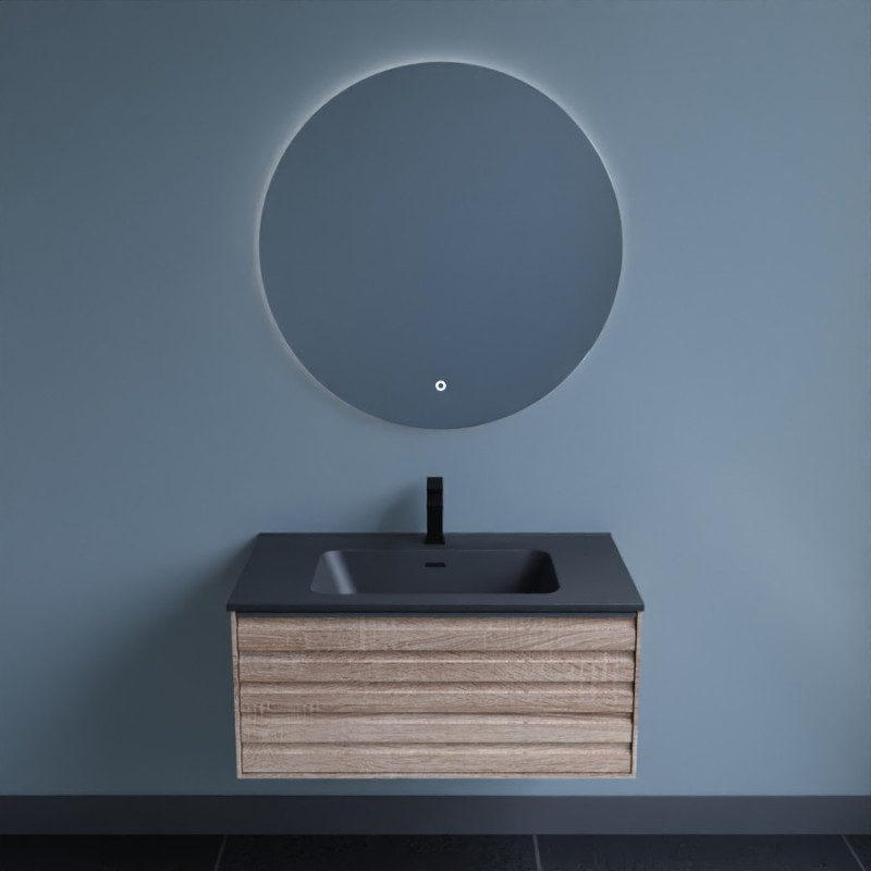 Meuble salle de bain HORIZON 80 cm avec miroir rond Fazzio - Chêne doré et noir Meuble salle de bain HORIZON 80 cm avec miroir rond Fazzio - Chêne doré et noir