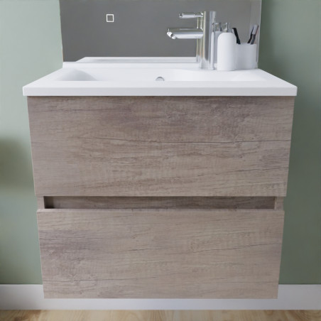 Meuble salle de bain suspendu tout inox 60 cm avec plan vasque résine ROSINOX - Chêne