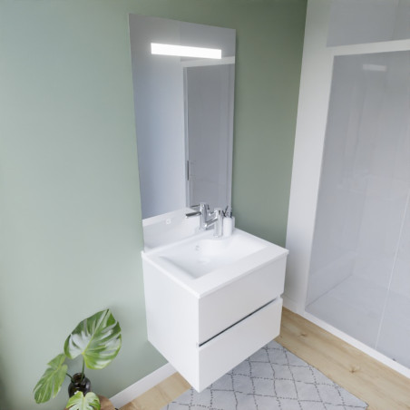 Meuble ROSINOX 60 cm avec plan vasque et miroir Elegance Hauteur 105 cm - Blanc mat