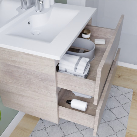 Meuble ROSINOX 70 cm avec plan vasque et miroir Elegance Hauteur 105 cm - Chêne
