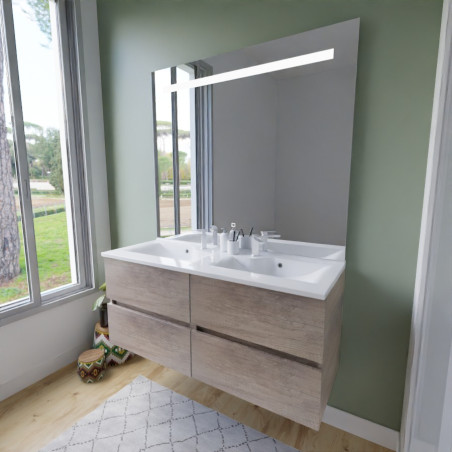 Meuble salle de bain suspendu tout inox 120 cm ROSINOX avec plan vasque et miroir Elegance ht105 - Chêne