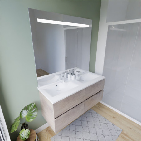 Meuble salle de bain suspendu tout inox 120 cm ROSINOX avec plan vasque et miroir Elegance ht105 - Chêne