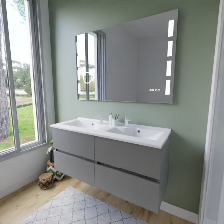 Meuble salle de bain suspendu tout inox 120 cm ROSINOX avec plan vasque et miroir Excellence - Gris clair mat