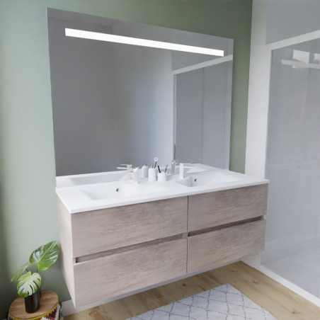 Meuble salle de bain suspendu tout inox 140 cm ROSINOX avec plan vasque et miroir Elegance ht105 - Chêne