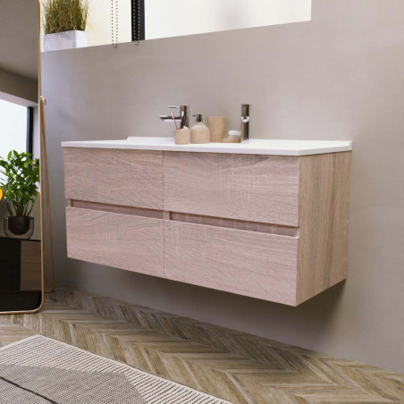 Meuble salle de bain double vasque suspendu 120 cm avec plan vasque en résine ROSALY - Cambrian Oak aspect chêne