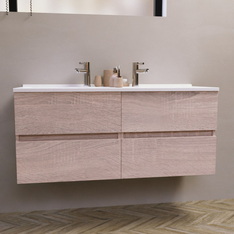 Meuble salle de bain double vasque suspendu 120 cm avec plan vasque en résine ROSALY - Cambrian Oak aspect chêne Meuble salle de bain double vasque suspendu 120 cm avec plan vasque en résine ROSALY - Cambrian Oak aspect chêne