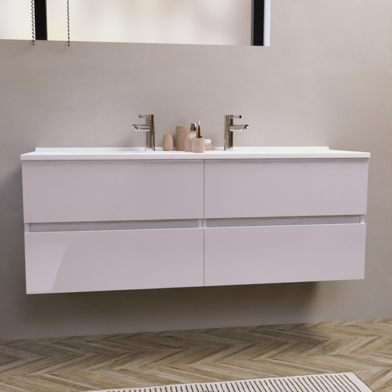 Meuble salle de bain double vasque suspendu 140 cm avec plan vasque ROSALY - Blanc brillant Meuble salle de bain double vasque suspendu 140 cm avec plan vasque ROSALY - Blanc brillant