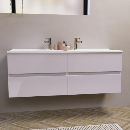 Meuble salle de bain double vasque suspendu 140 cm avec plan vasque ROSALY - Blanc brillant