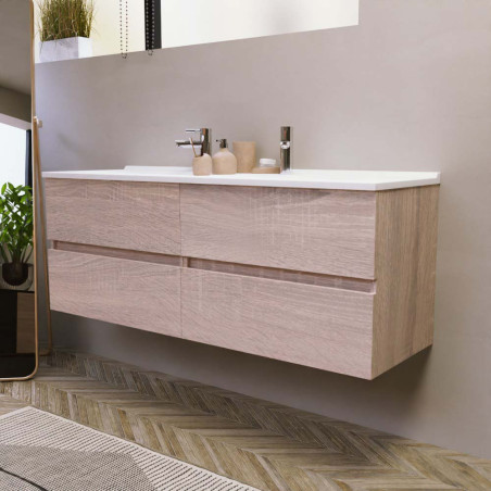 Meuble salle de bain double vasque suspendu 140 cm avec plan vasque ROSALY - Cambrian Oak aspect chêne