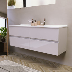 Meuble salle de bain double vasque suspendu 140 cm avec plan vasque ROSALY - Blanc brillant