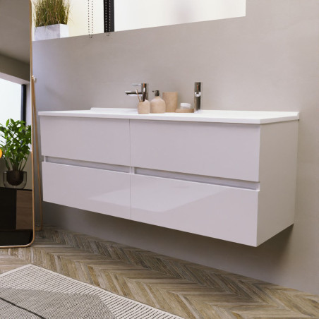 Meuble salle de bain double vasque suspendu 140 cm avec plan vasque ROSALY - Blanc brillant