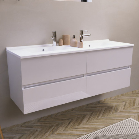 Meuble salle de bain double vasque suspendu 140 cm avec plan vasque ROSALY - Blanc brillant