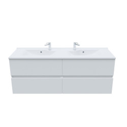 Meuble salle de bain double vasque suspendu 140 cm avec plan vasque ROSALY - Blanc brillant