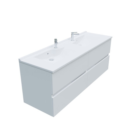 Meuble salle de bain double vasque suspendu 140 cm avec plan vasque ROSALY - Blanc brillant