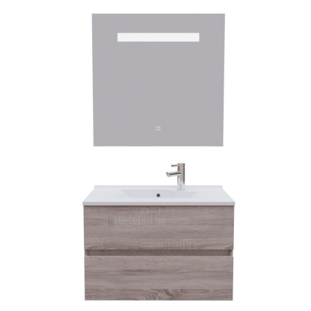 Meuble salle de bain 80 cm ROSALY avec plan vasque en résine et miroir Elégance ht80 Cambrian Oak Chêne