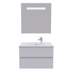 Meuble salle de bain 80 cm ROSALY avec plan vasque en résine et miroir Elégance ht80 Blanc brillant