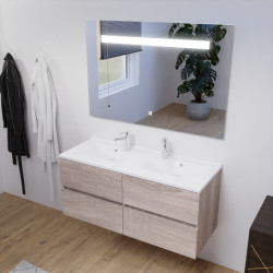 Meuble salle de bain double vasque suspendu 120 cm avec plan vasque ROSALY et miroir led Elegance h80 cm - Cambrian Oak Chêne