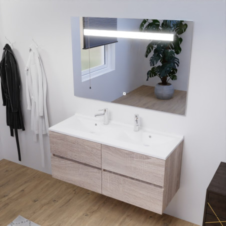 Meuble salle de bain double vasque suspendu 120 cm avec plan vasque ROSALY et miroir led Elegance h80 cm - Cambrian Oak Chêne