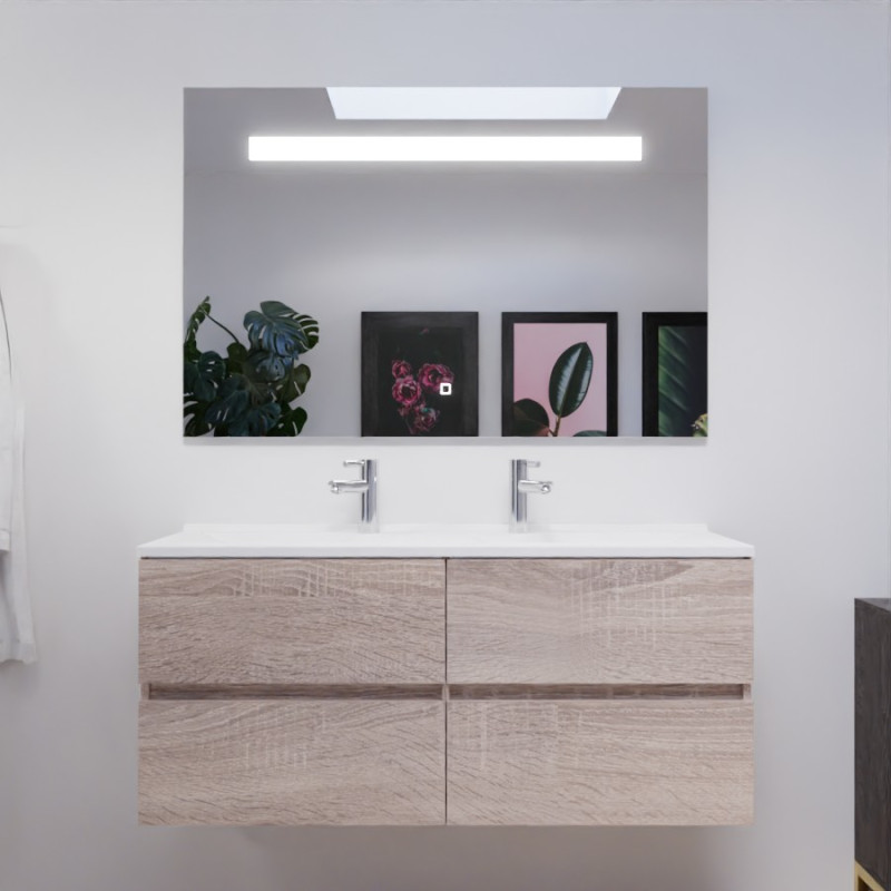 Meuble salle de bain double vasque suspendu 120 cm avec plan vasque ROSALY et miroir led Elegance h80 cm - Cambrian Oak Chêne Meuble salle de bain double vasque suspendu 120 cm avec plan vasque ROSALY et miroir led Elegance h80 cm - Cambrian Oak Chêne